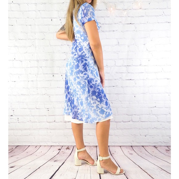 Y2K Floral Midi Dress Blue White Floral Short Sleeve Karin Stevens Size‎ Small - Picture 3 of 5